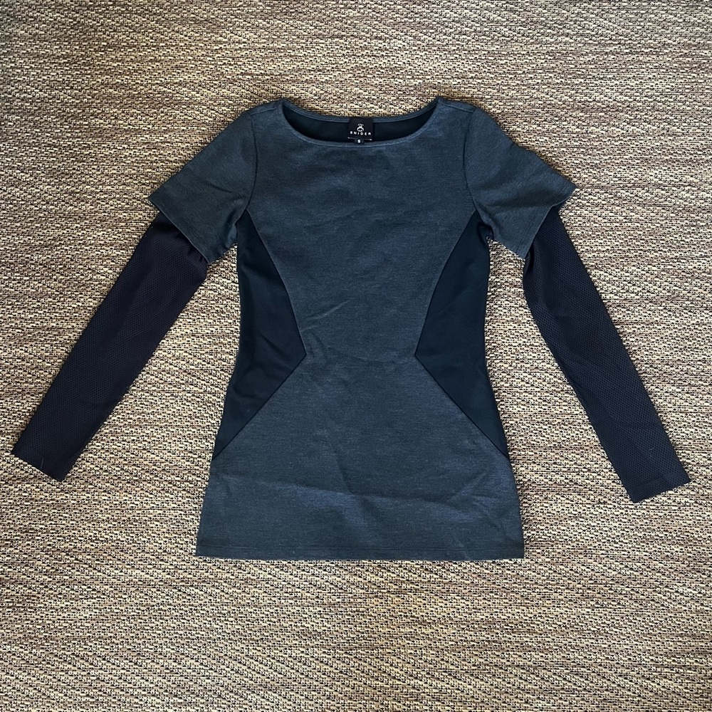 Snider designer black and grey top with layered fishnet/mesh sleeves